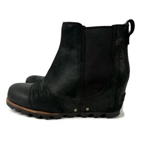 Sorel Lea Wedge Leather Pull On Ankle Boot Booties in Black